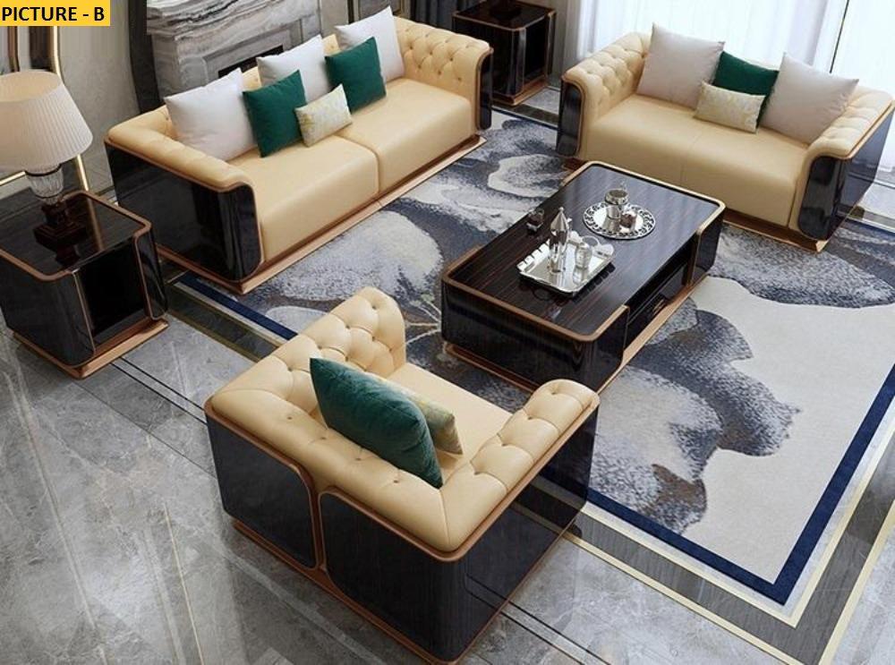 Lixra Wooden Polished Tufted Leather Sofa-Set