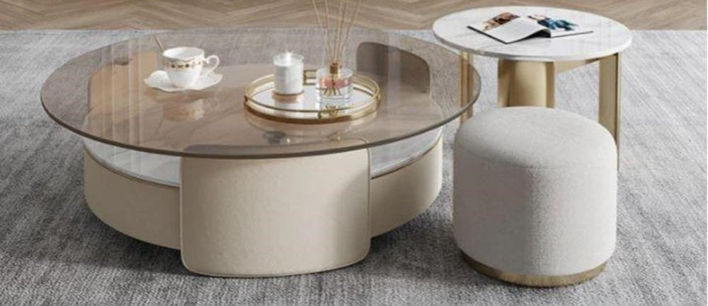lixra Wooden Round Coffee Table with Glass Top