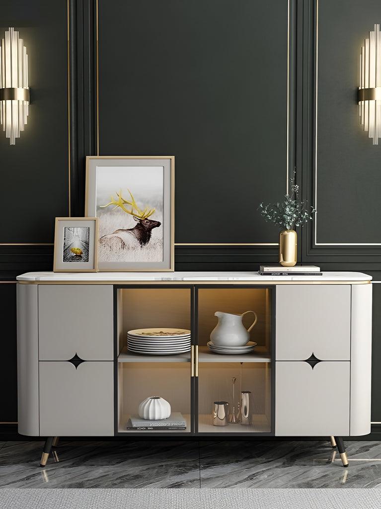 Lixra Wooden White Buffet Table With Marble-Top