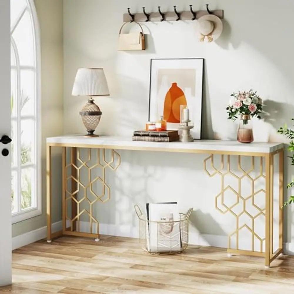 Lixra Long Accent Table With Golden Geometric Design