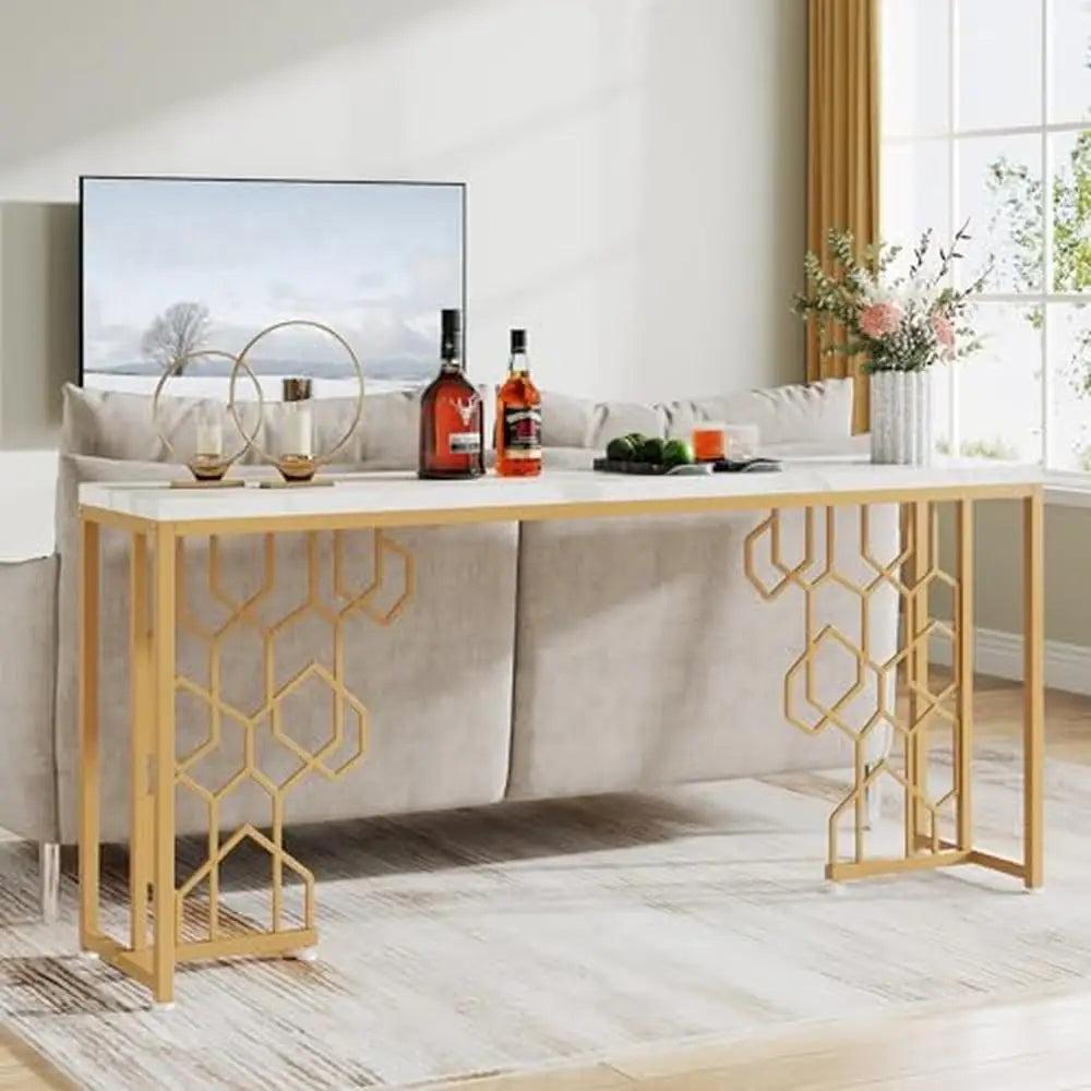 Lixra Long Accent Table With Golden Geometric Design