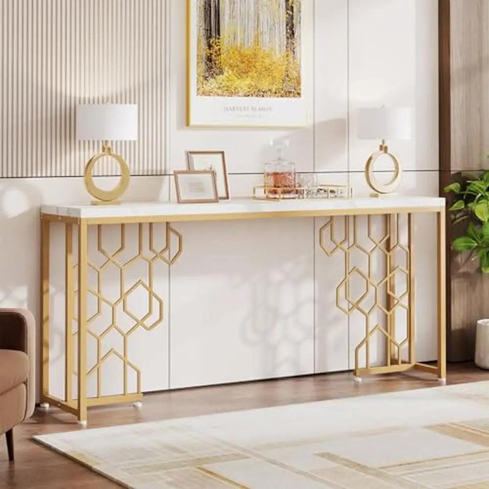 lixra Long Accent Table With Golden Geometric Design