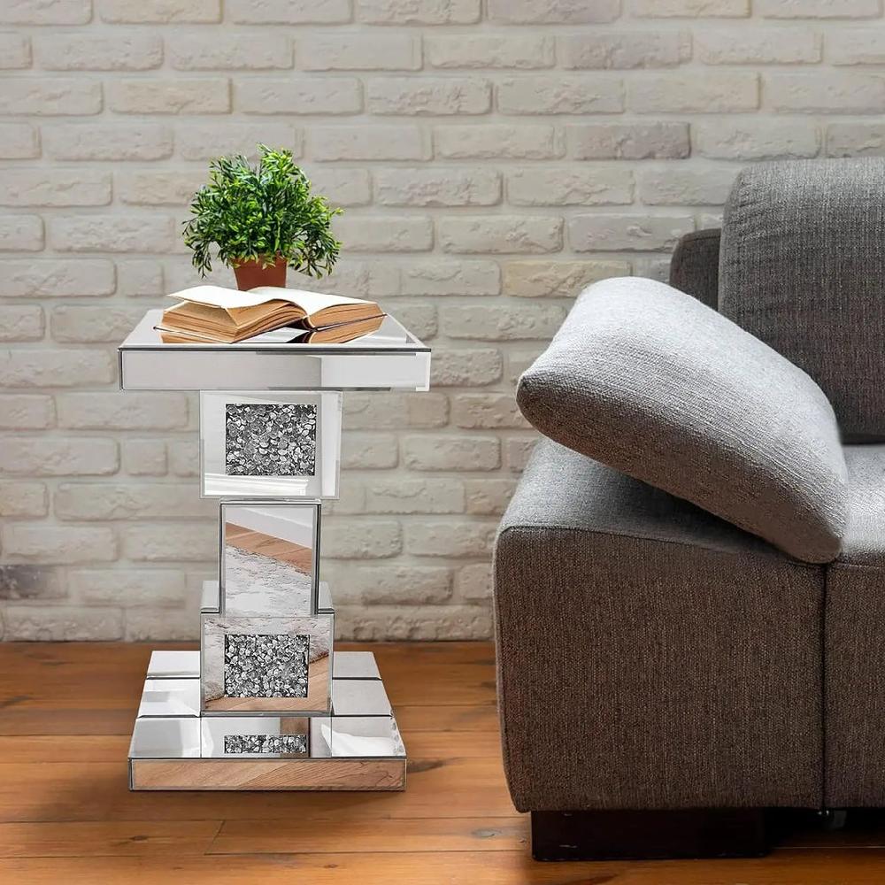 lixra Luxurious Geometric Mirrored Side Table With Sparkling Crystals