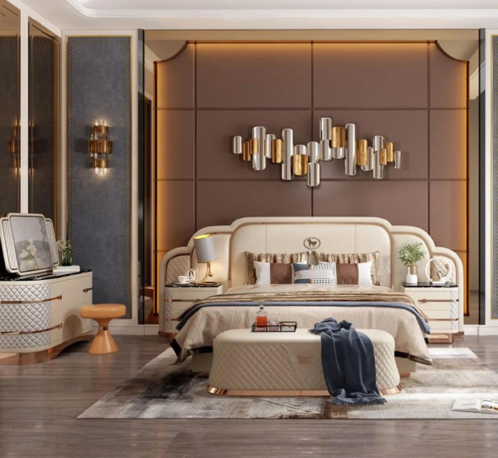 Lixra Luxurious Modern Leather Bed With Gold Accents