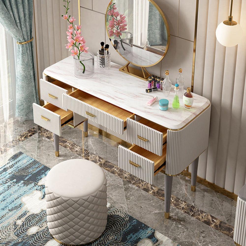 Lixra Luxurious Modern Marble-Top Dresser With Stool