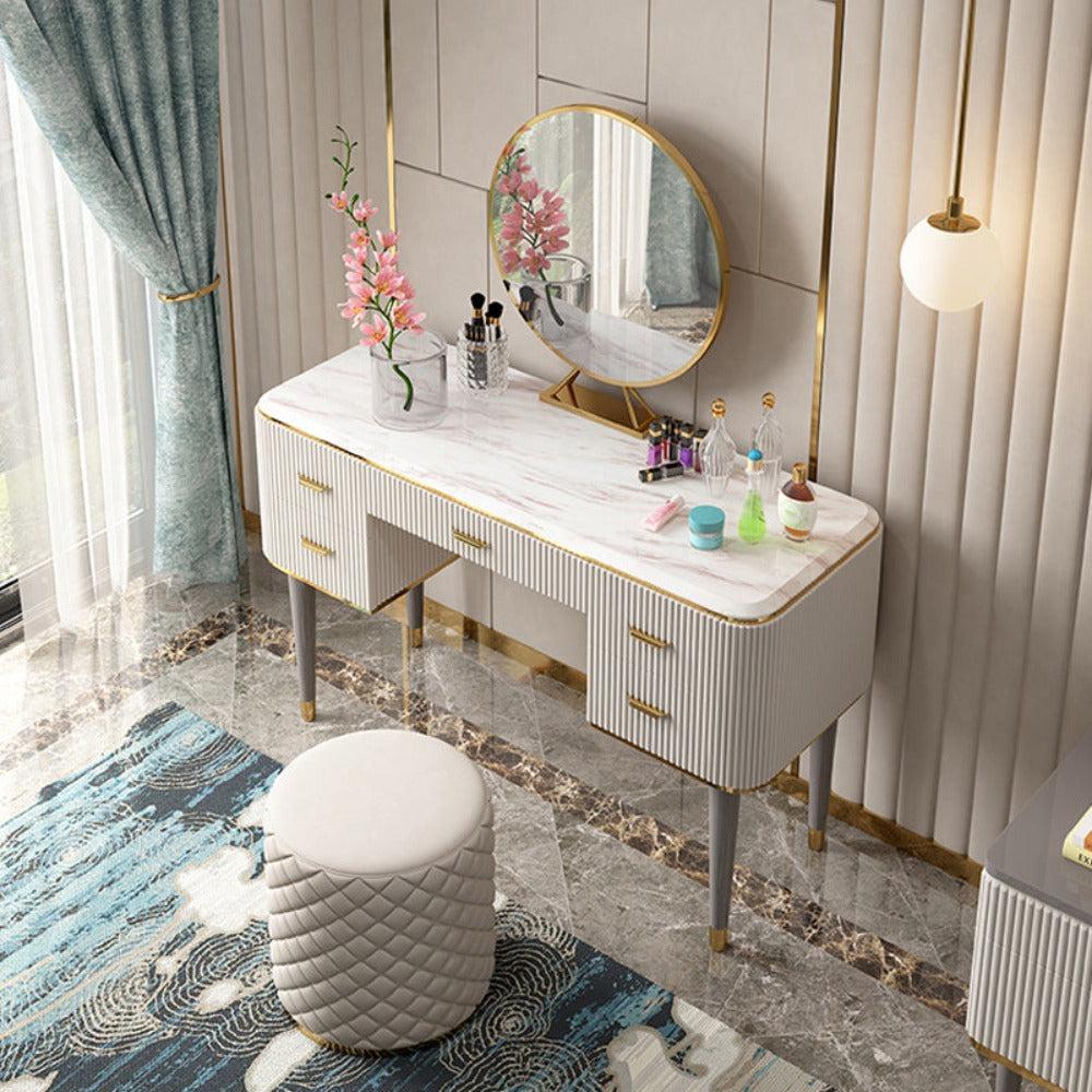lixra Luxurious Modern Marble-Top Dresser With Stool