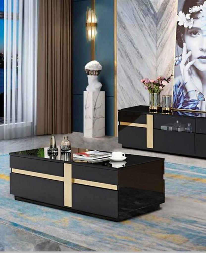 Lixra Luxury Living Black And Gold Coffee Table With TV Stand