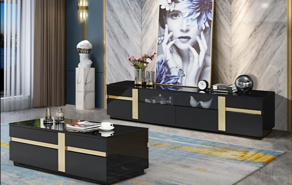 lixra Luxury Living Black And Gold Coffee Table With TV Stand