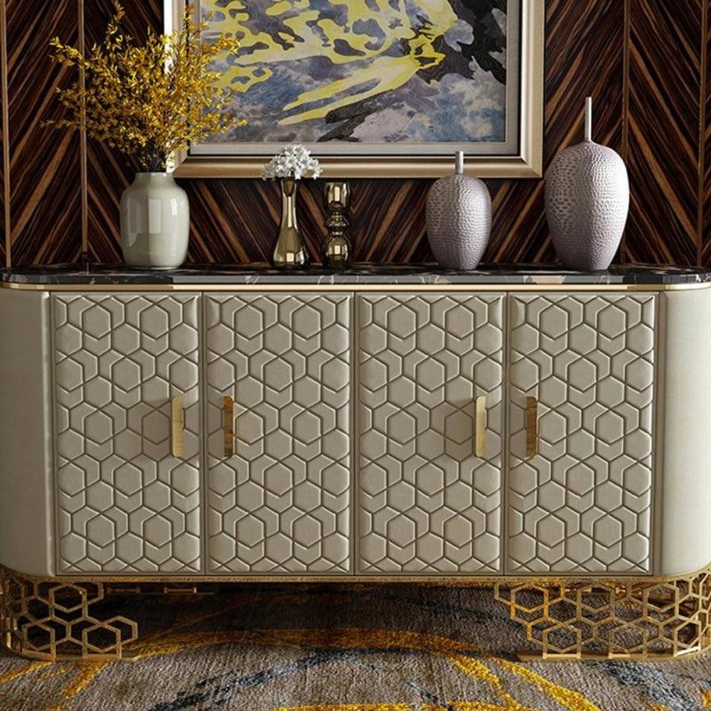 Lixra Marble-Top Leather Surface Modern Buffet Table