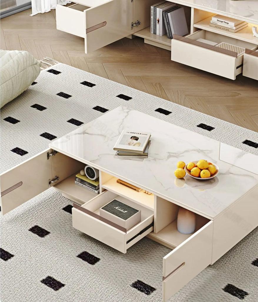 Lixra Marble Top TV Stand Coffee Table And Side Table Set With LED Lightning