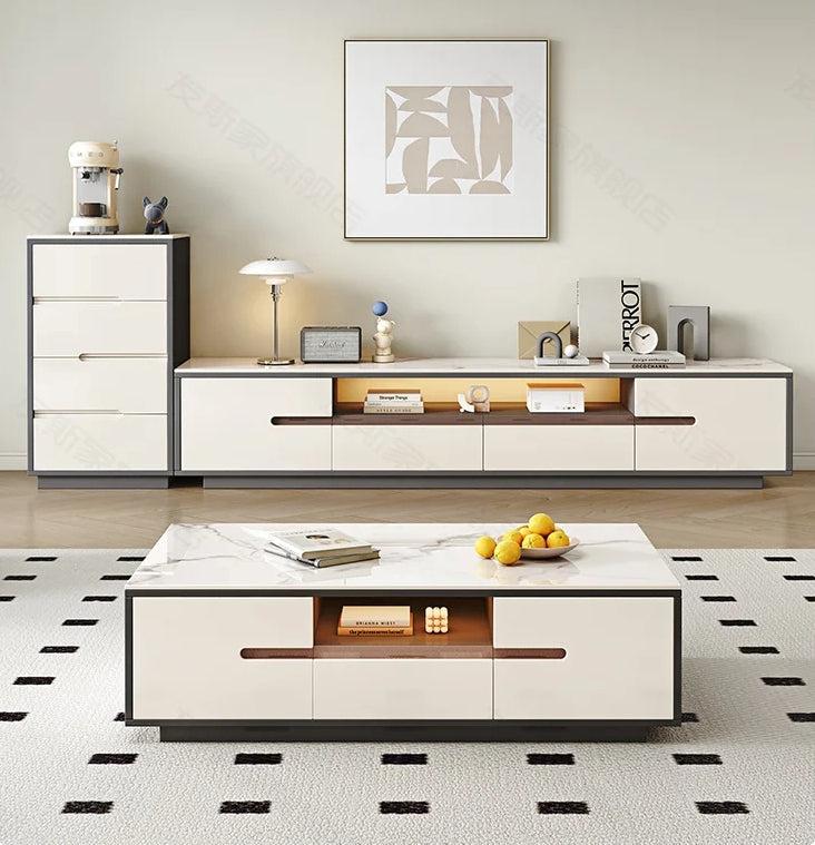 Lixra Marble Top TV Stand Coffee Table And Side Table Set With LED Lightning