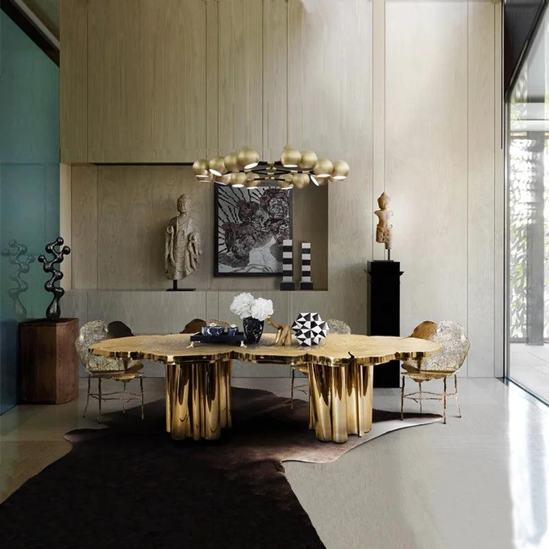 lixra Metallic Golden Dining Table with Wood Design