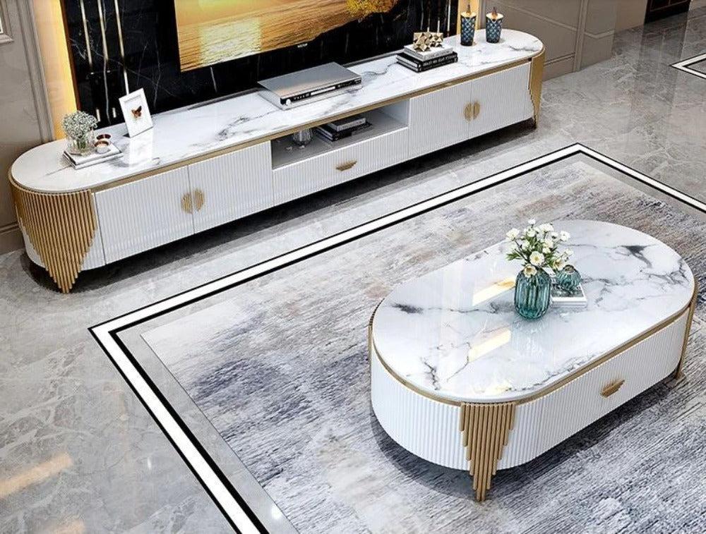 Lixra Modern Marble Top Wooden Coffee Table And TV Stand Set