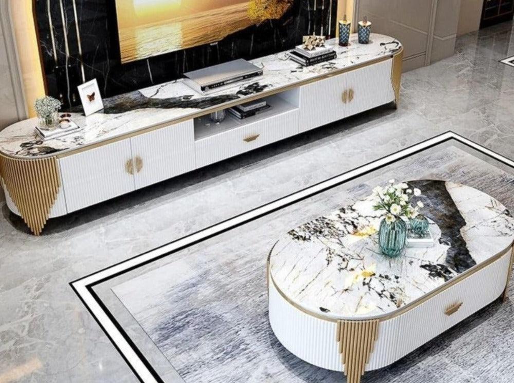 Lixra Modern Marble Top Wooden Coffee Table And TV Stand Set