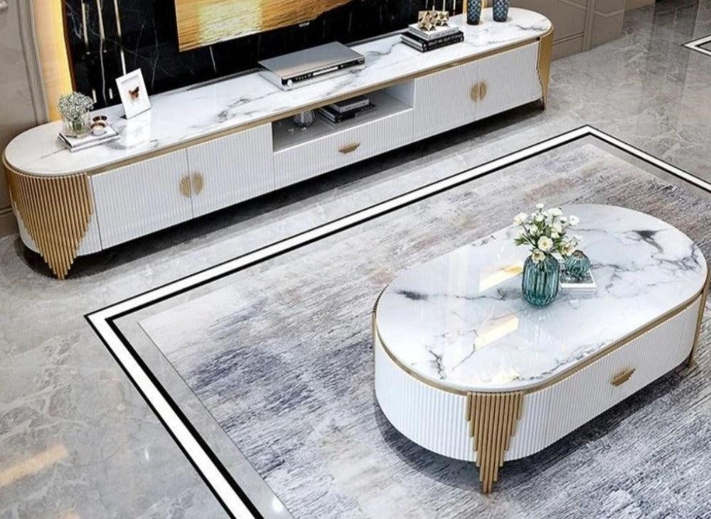 lixra Modern Marble Top Wooden Coffee Table and TV Stand Set
