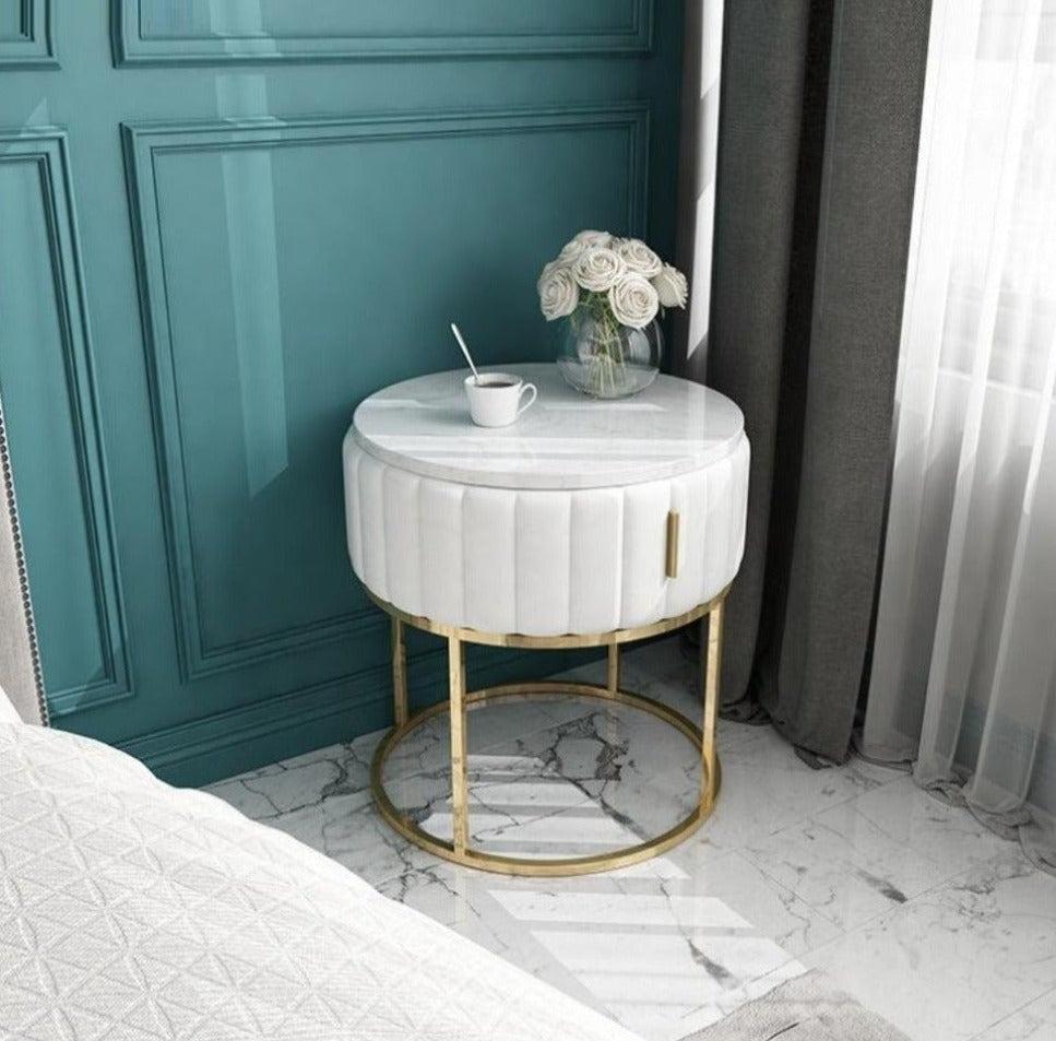Lixra Modern Round Marble Nightstand With Steel Frame