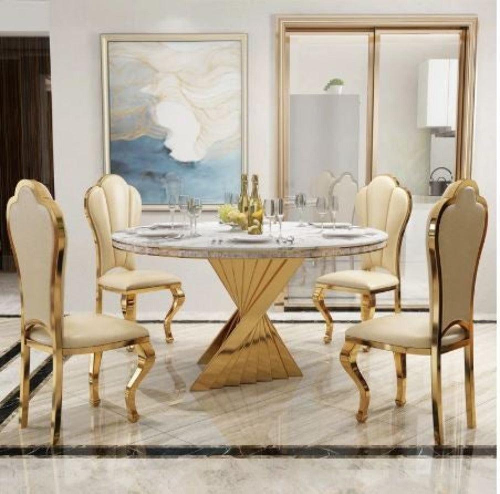 Lixra Modernistic Golden Finish Marble Dining Table Set