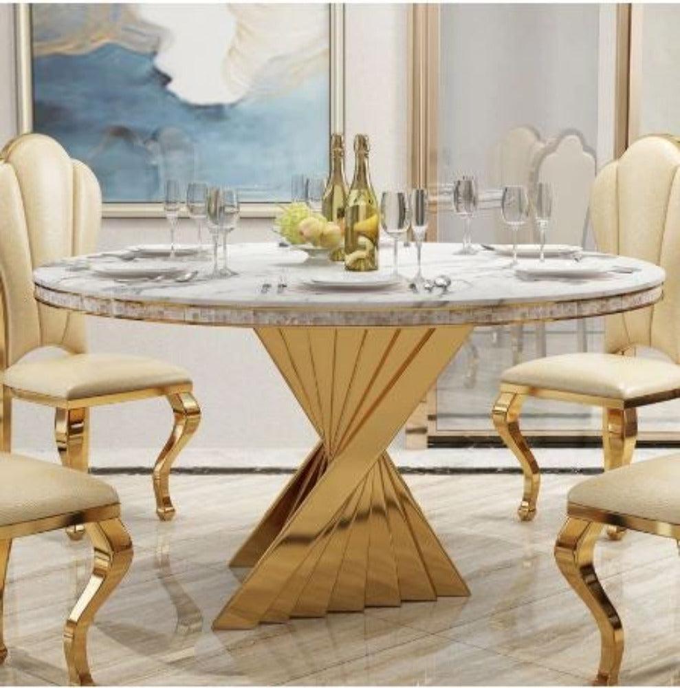 Lixra Modernistic Golden Finish Marble Dining Table Set