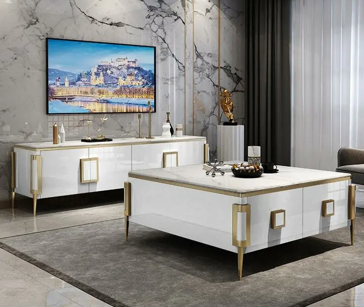 Lixra Nordic Design Enchanting Wooden Marble-Top TV Stand & Coffee Table