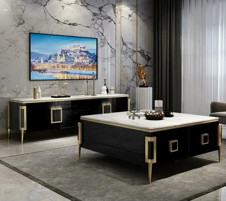 Lixra Nordic Design Enchanting Wooden Marble-Top TV Stand & Coffee Table