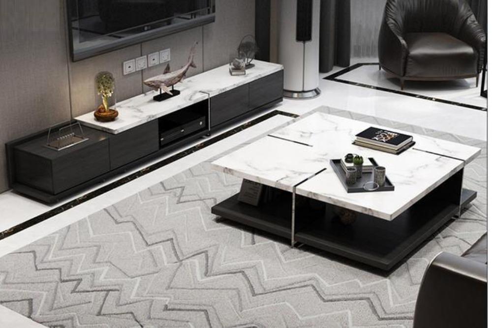 Lixra Rarified Esthetic Rustic Hand-Hewn Marble Look Top Coffee Table & TV Stand