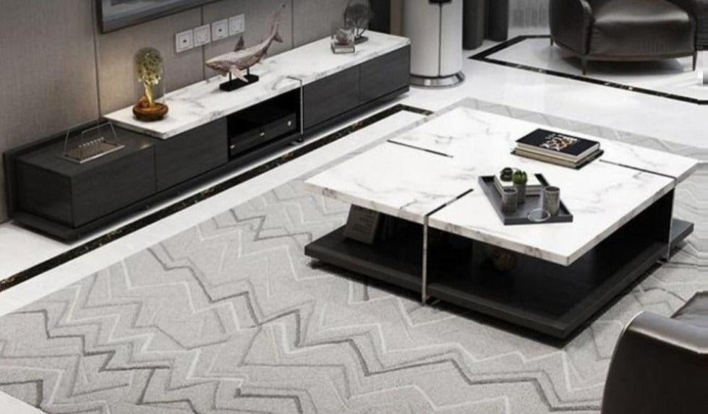 Lixra Rarified Esthetic Rustic Hand-Hewn Marble Look Top Coffee Table & TV Stand