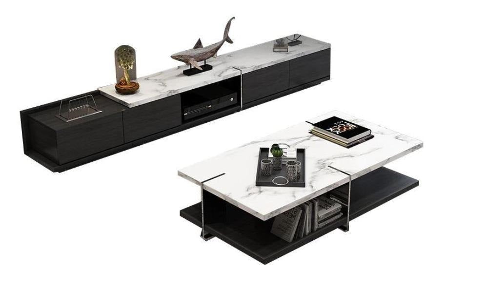 Lixra Rarified Esthetic Rustic Hand-Hewn Marble Look Top Coffee Table & TV Stand