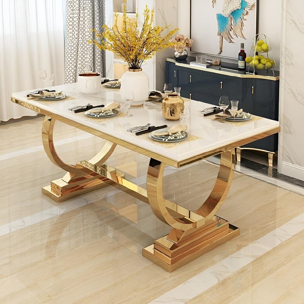 Lixra Rectangular Marble With Gold Plated Dining Table Set