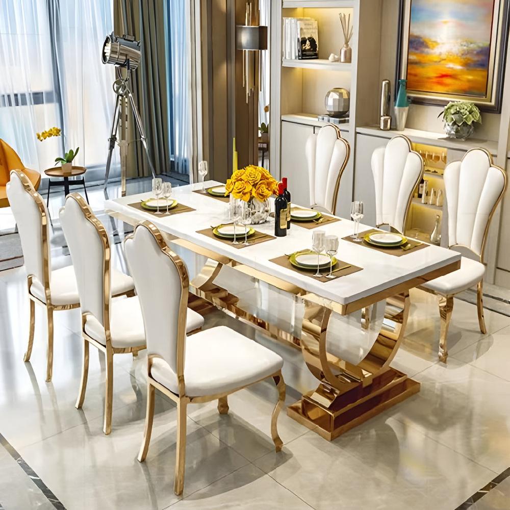 lixra Rectangular Marble With Gold Plated Dining Table Set