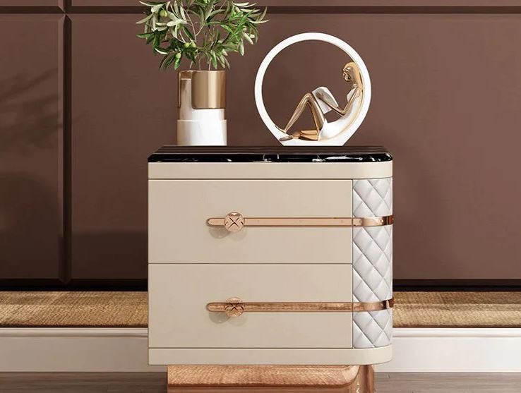 Lixra Set Of 2 Marble-Top White Leather Nightstands