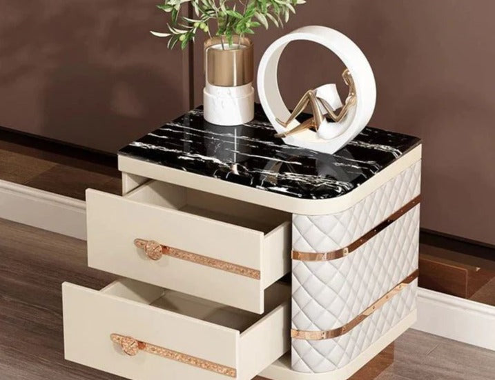Lixra Set Of 2 Marble-Top White Leather Nightstands