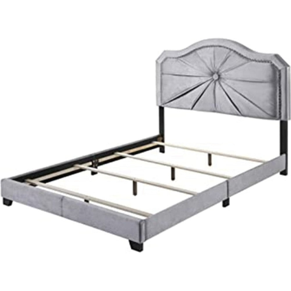 lixra Single Button Tufted & Nail-head Trim Queen Size Fabric Bed