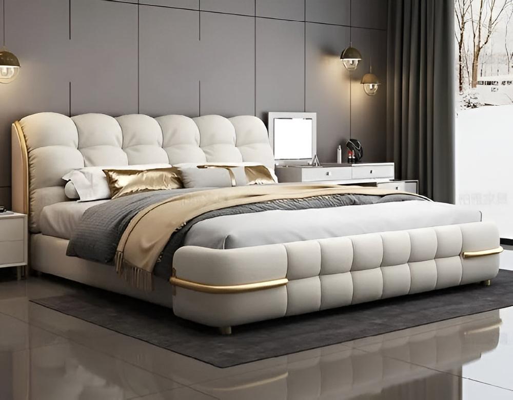 Lixra Tufted Designer Leather Bed With Metal Accents