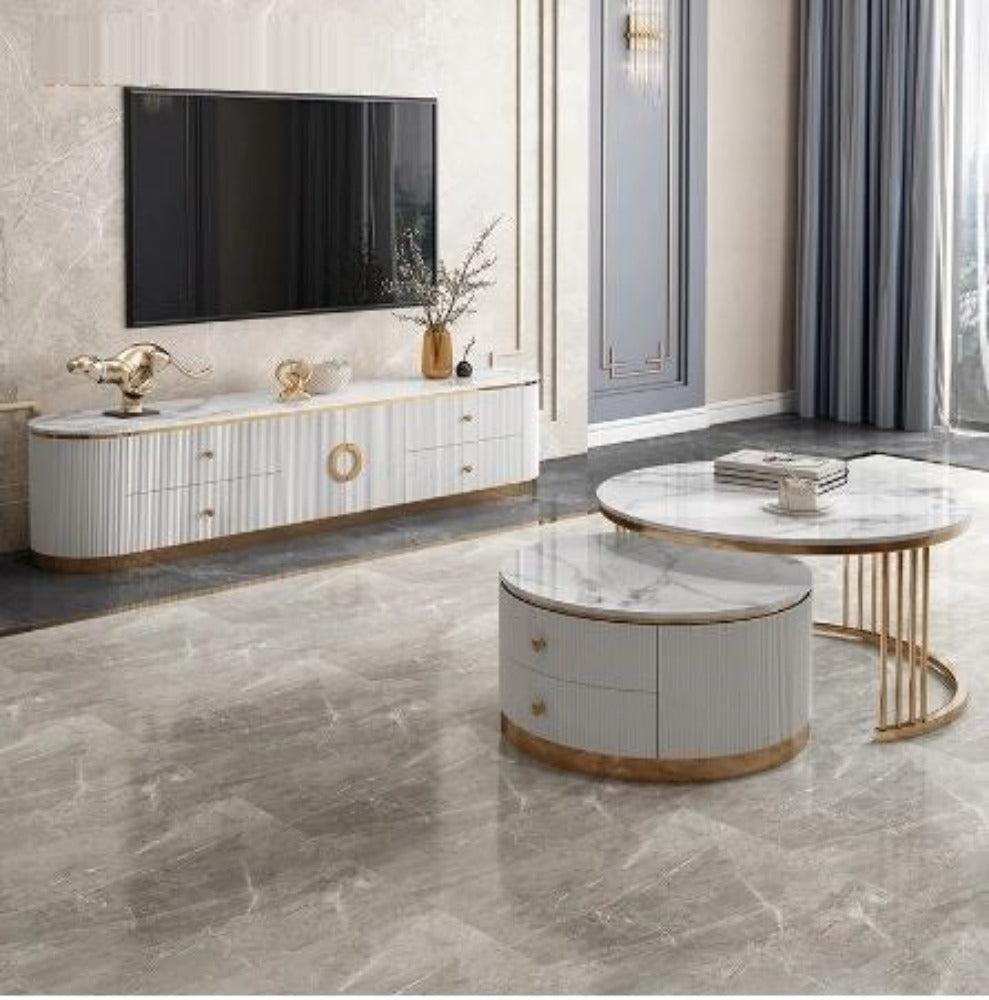 Lixra Ultra Modern Marble Top Coffee Table And TV Stand Set