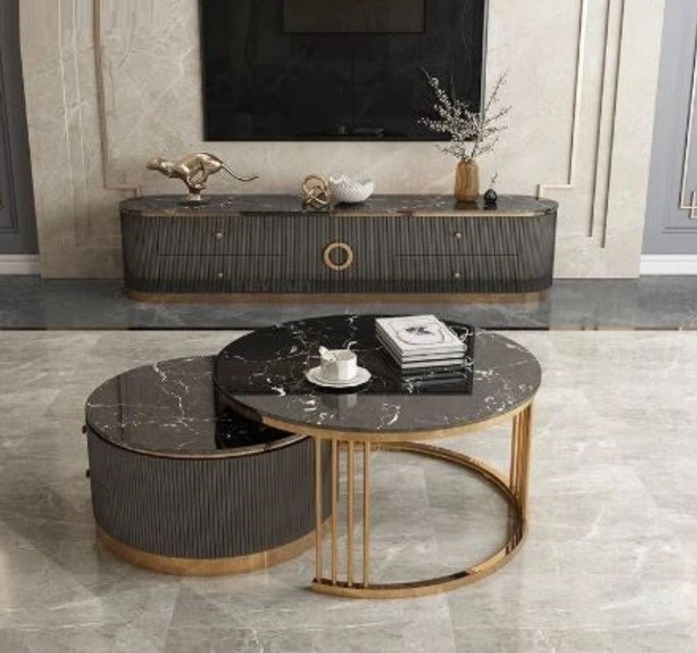 Lixra Ultra Modern Marble Top Coffee Table And TV Stand Set
