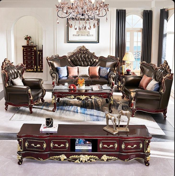 Lixra Wooden Liville Tufted European Leather Sofa Set