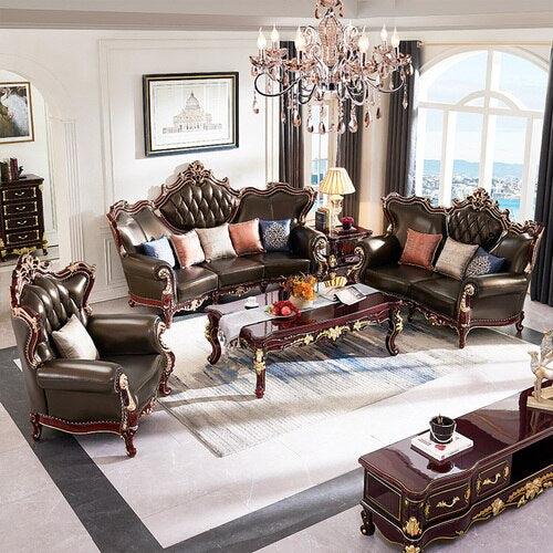 lixra Wooden Liville Tufted European Leather Sofa Set