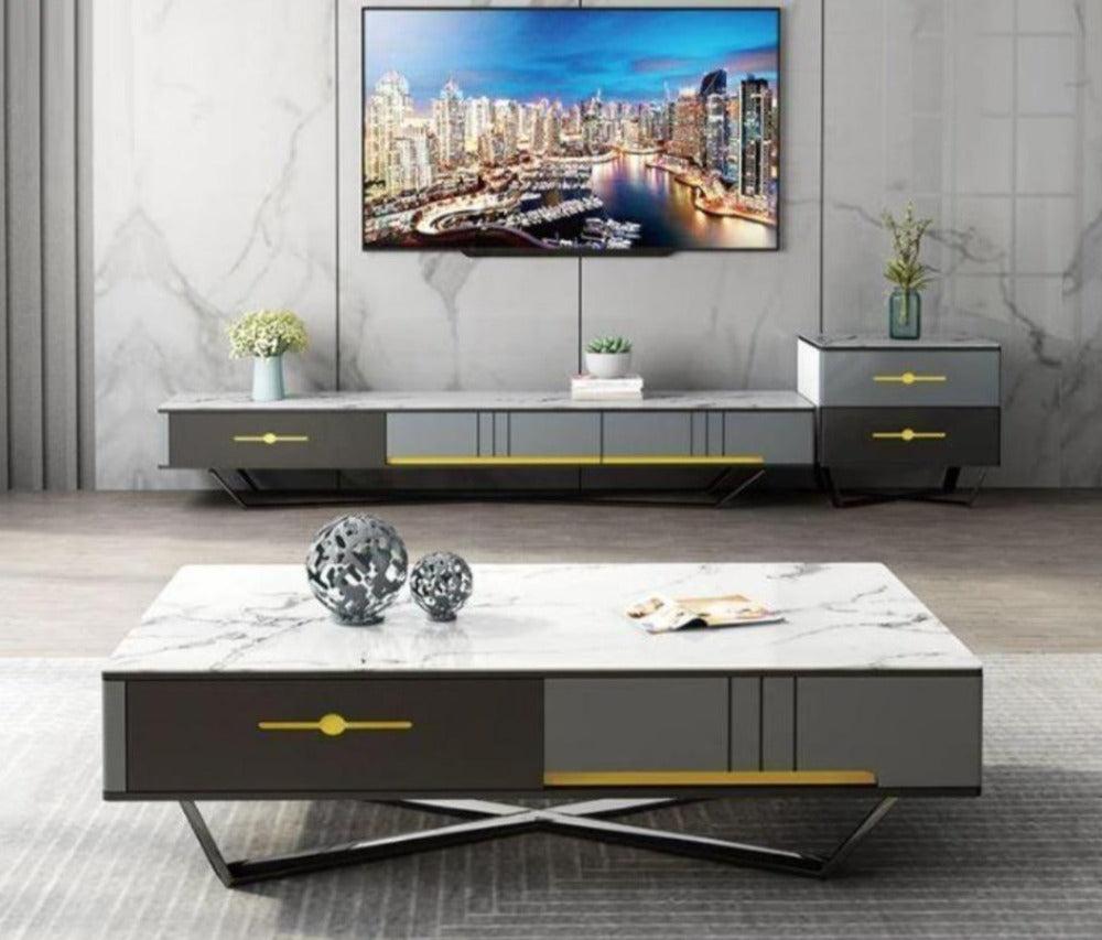 Lixra Wooden Polished Marble Top Coffee Table TV Stand Side Table