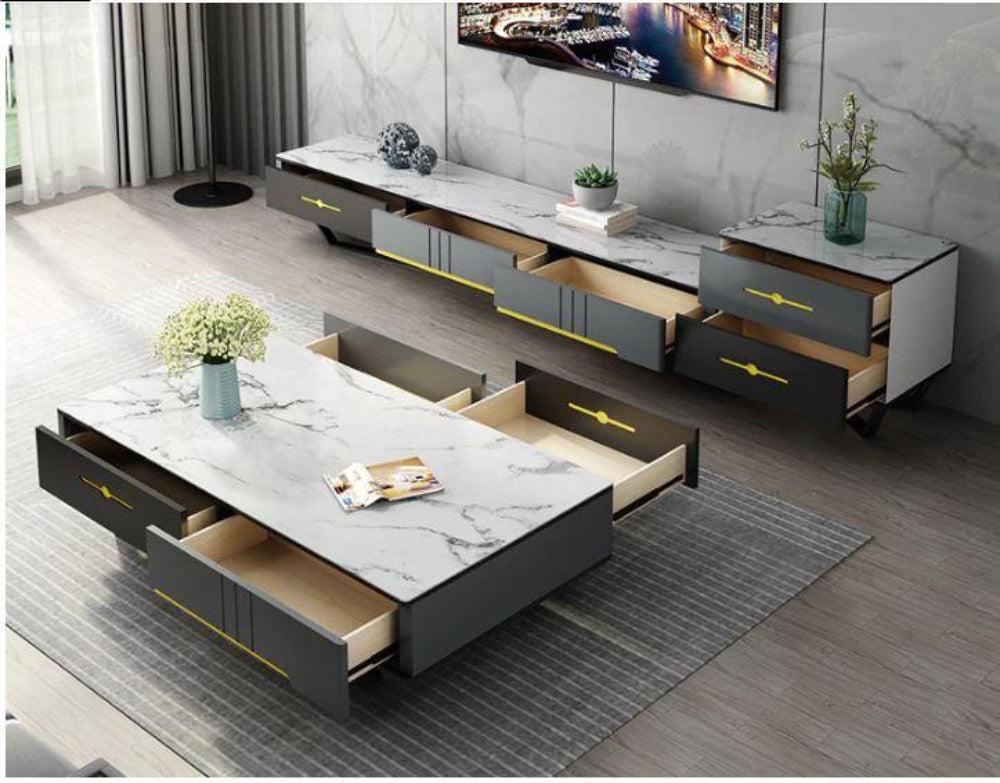 Lixra Wooden Polished Marble Top Coffee Table TV Stand Side Table