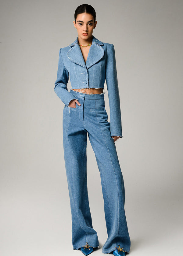 liya AQUA DENIM CROPPED BLAZER