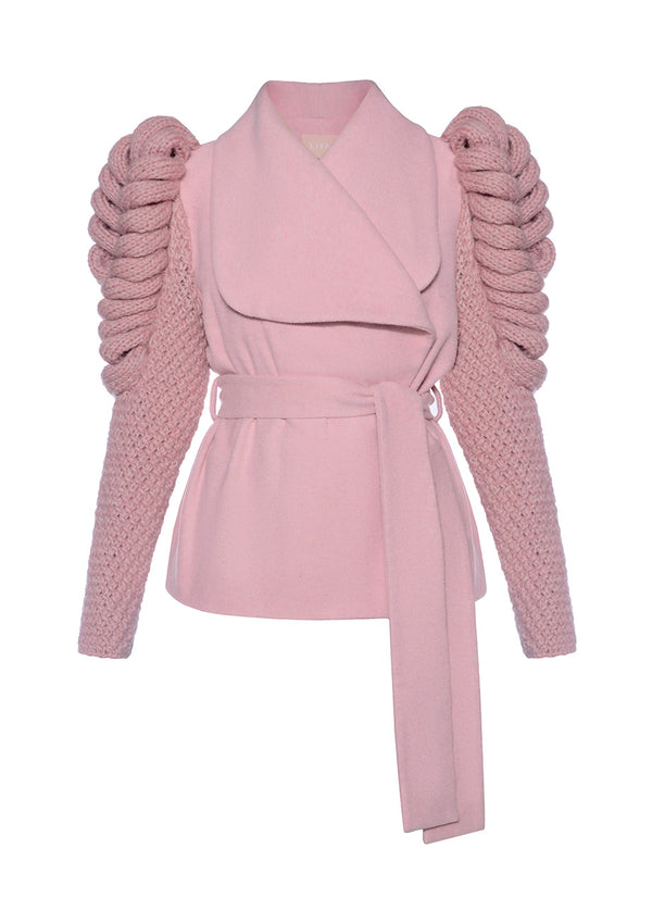 liya BELTED COAT WITH KNITTED SLEEVES