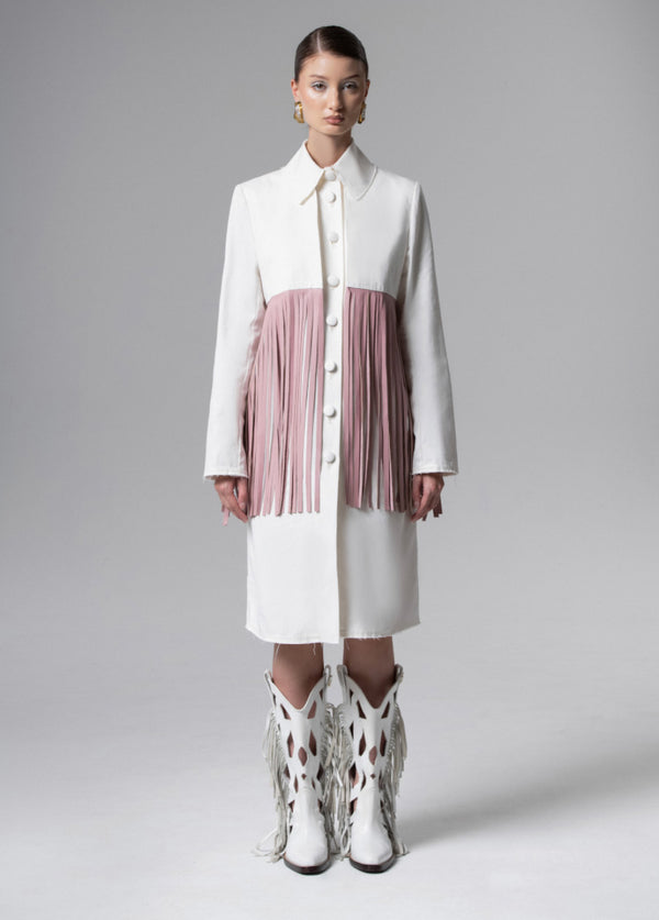 liya BLUSH FRINGE TRENCH-DRESS