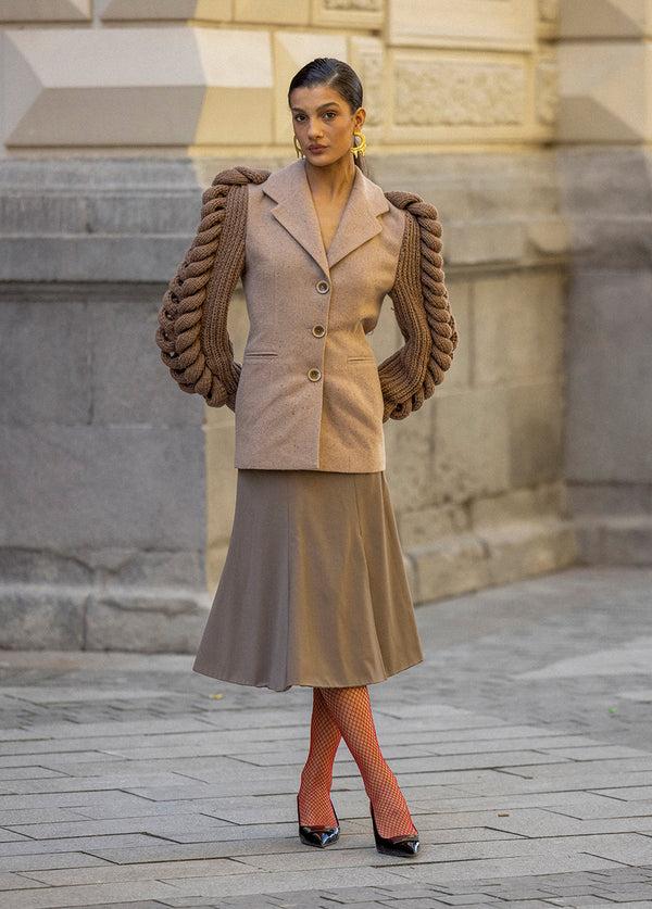 liya BROWN KNITTED SLEEVES BLAZER