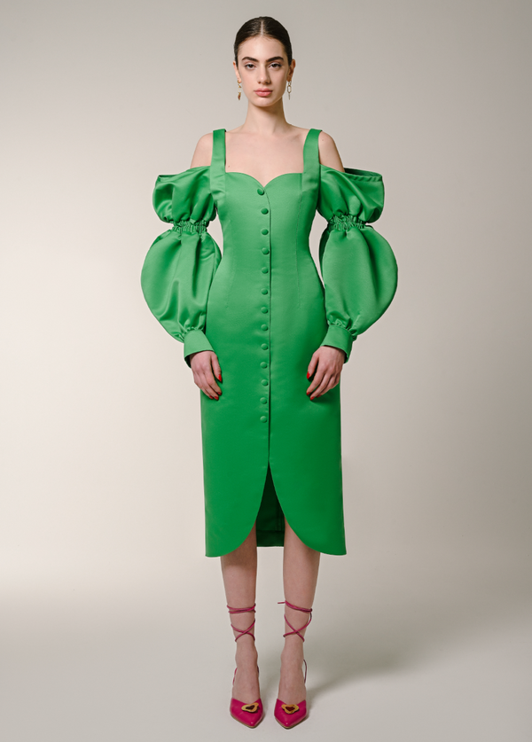 liya GREEN PUFF SLEEVES DRESS