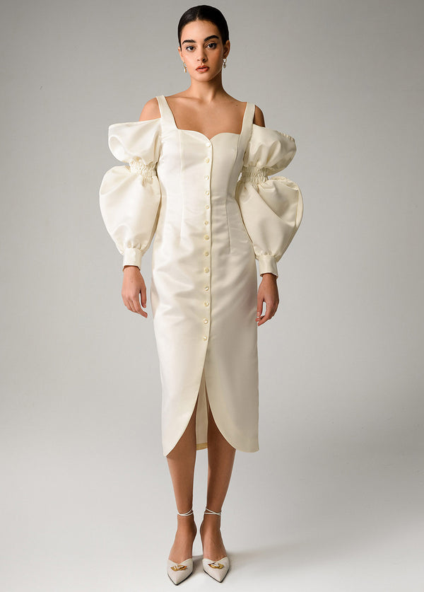 liya IVORY PUFF SLEEVES DRESS