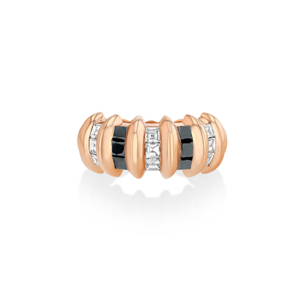Lizzie Mandler 5 Row Black And White Diamond Carre Fluted Bar Ring