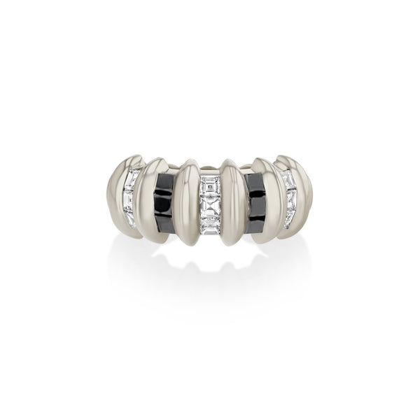 Lizzie Mandler 5 Row Black And White Diamond Carre Fluted Bar Ring