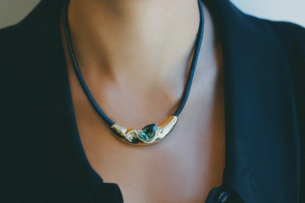 Lizzie Mandler Black Leather Chord Liquid Gold Slider With Pear Tourmaline