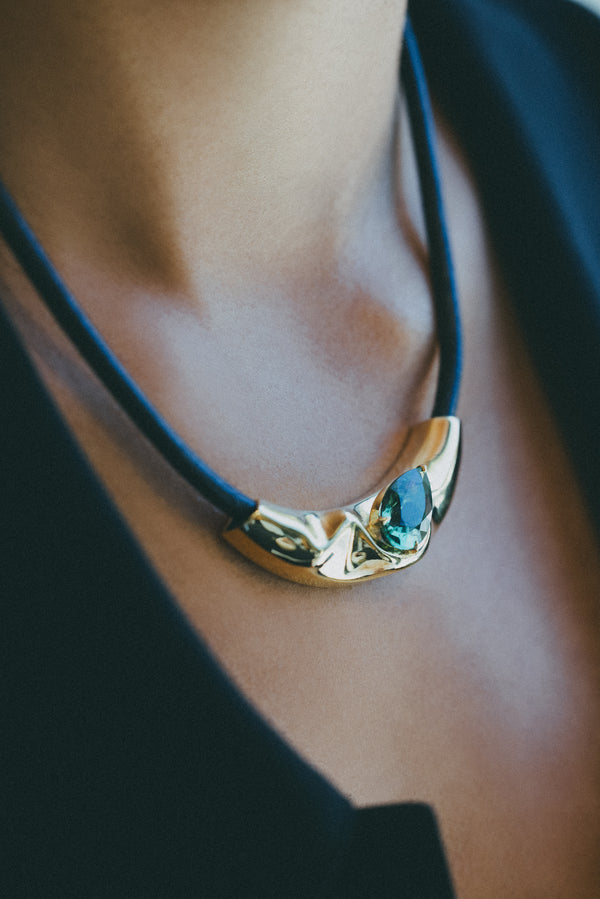 Lizzie Mandler Black Leather Chord Liquid Gold Slider With Pear Tourmaline