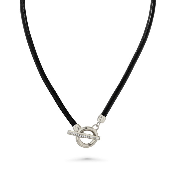 Lizzie Mandler Black Leather Chord Pave Toggle Necklace